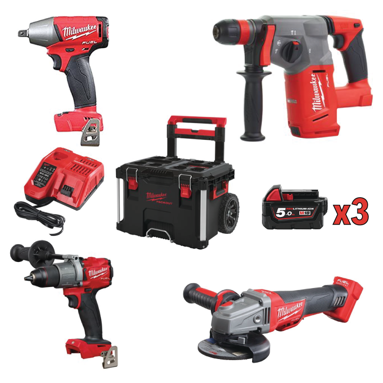 Milwaukee KIT TRAPANO AVVITATORE TASSELLATORE SMERIGLIATRICE 3 BATT. mod. M18 FPP4A-503P - immagine 2